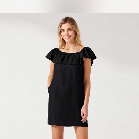 XL Tommy Bahama St. Lucia Black Off-Shoulder Linen Blend Mini Dress - Picture 1 of 7
